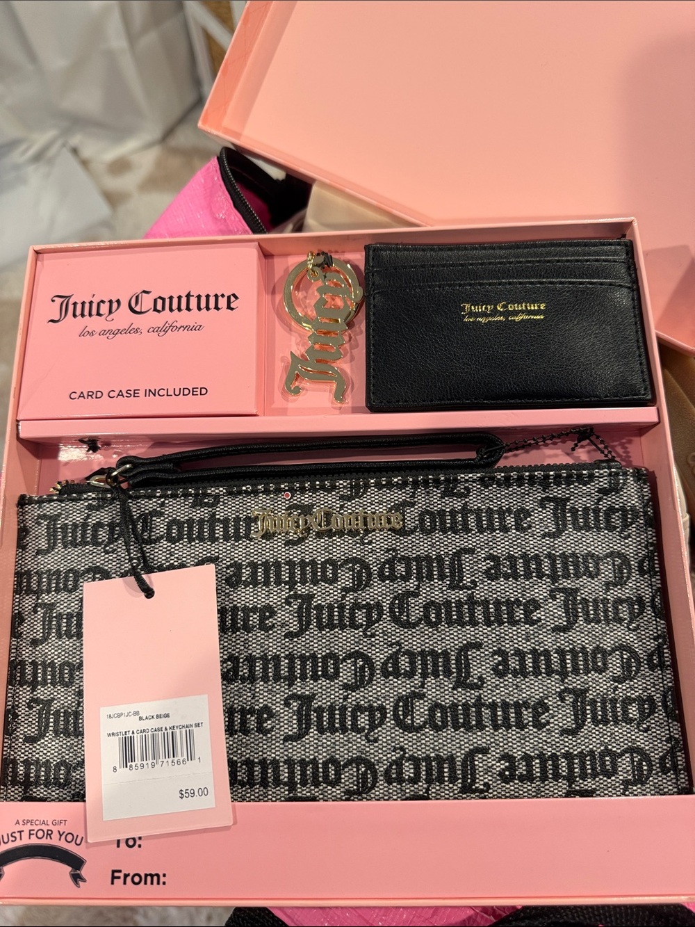 Juicy couture 3 Piece Wristlet Gift Set Pink Black New Christmas Keychain Wallet